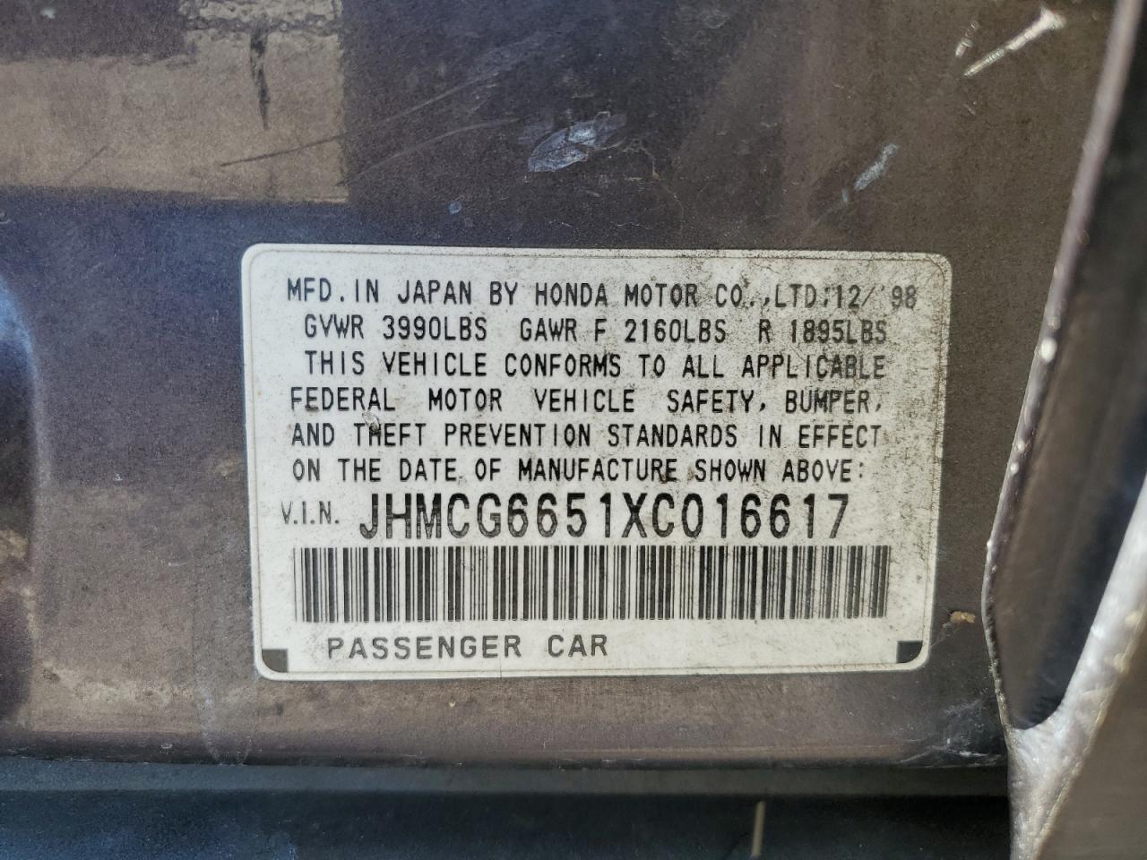 1999 Honda Accord Lx VIN: JHMCG6651XC016617 Lot: 65501324