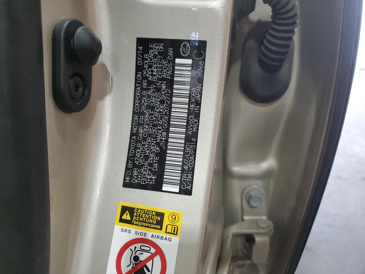 2014 Lexus Es 300H VIN: JTHBW1GG5E2072712 Lot: 63362454