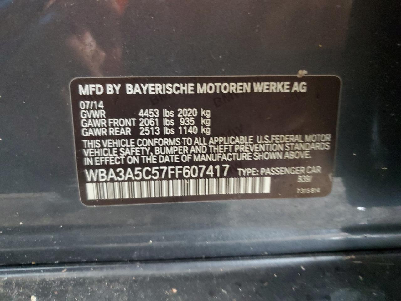 2015 BMW 328 I VIN: WBA3A5C57FF607417 Lot: 65086964