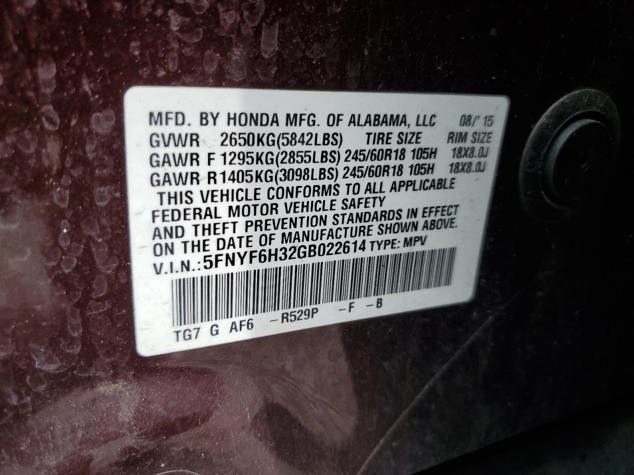 2016 Honda Pilot Ex VIN: 5FNYF6H32GB022614 Lot: 64751824