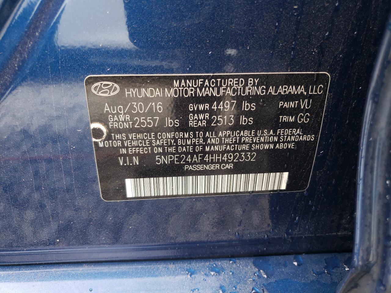 2017 Hyundai Sonata Se VIN: 5NPE24AF4HH492332 Lot: 61763984