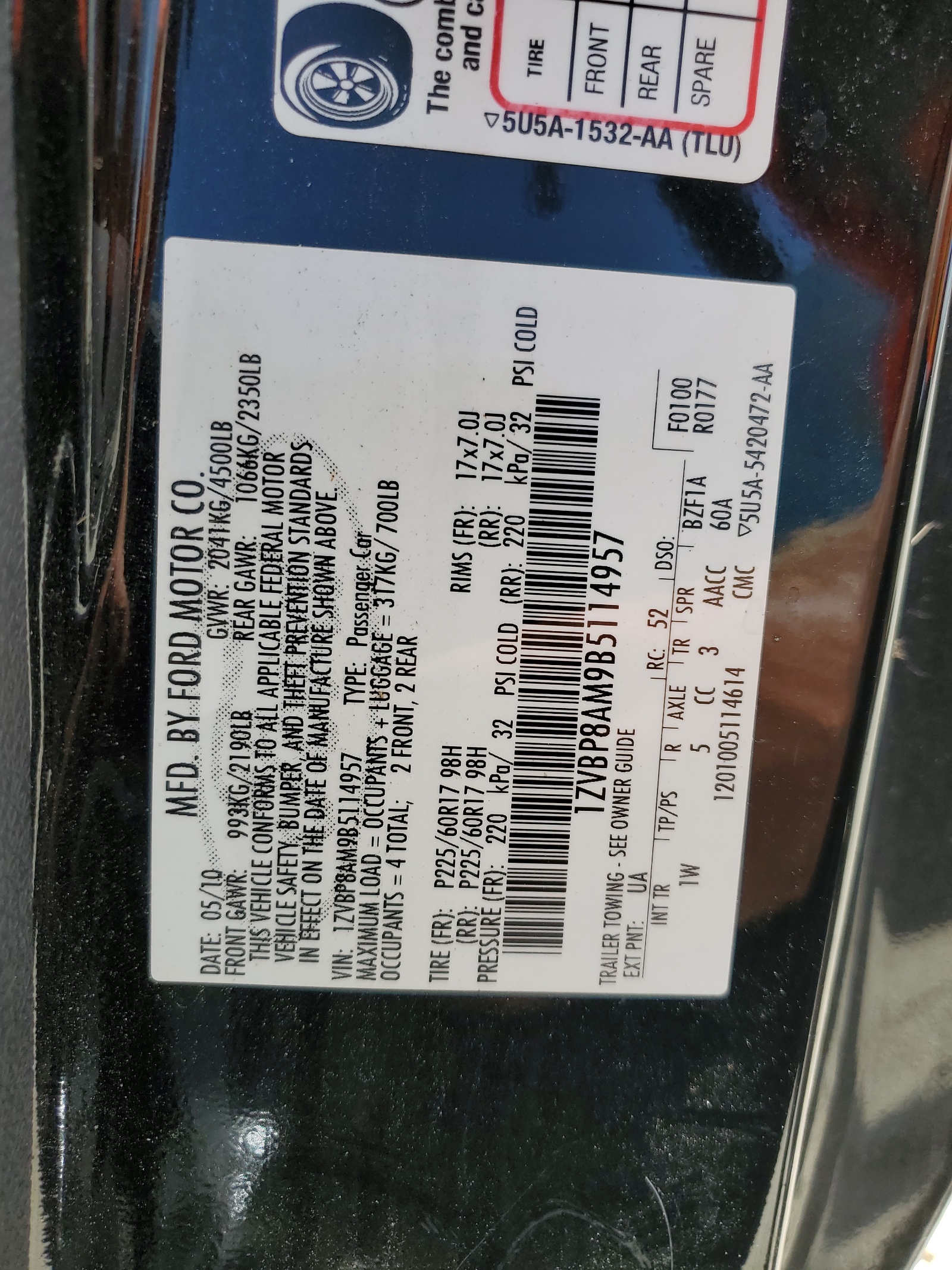 1ZVBP8AM9B5114957 2011 Ford Mustang