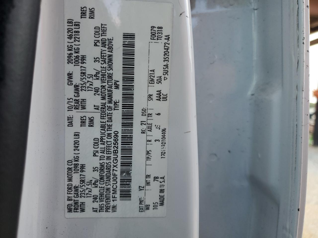 2016 Ford Escape S VIN: 1FMCU0F7XGUB25690 Lot: 65586214