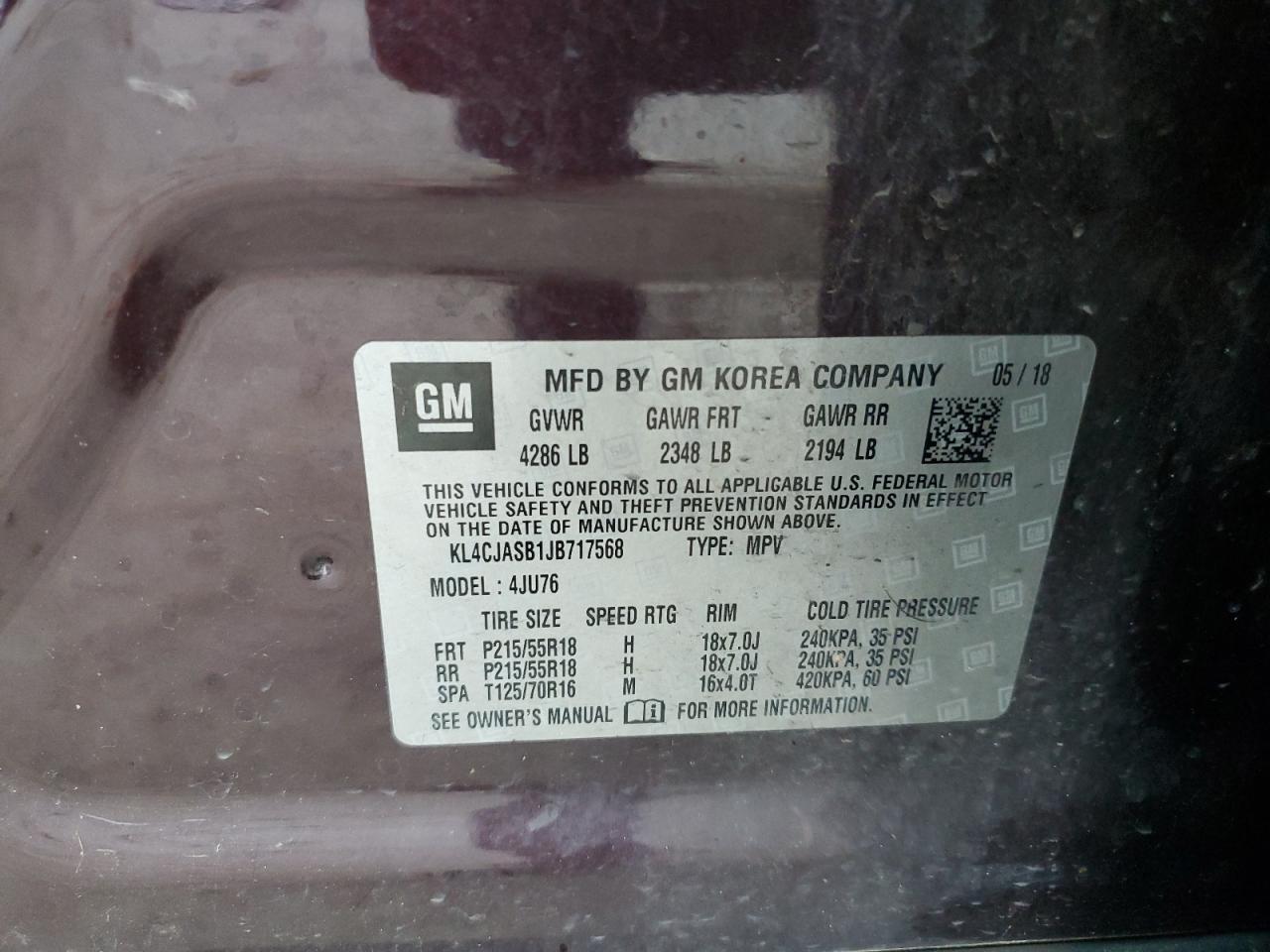 2018 Buick Encore Preferred VIN: KL4CJASB1JB717568 Lot: 63936604