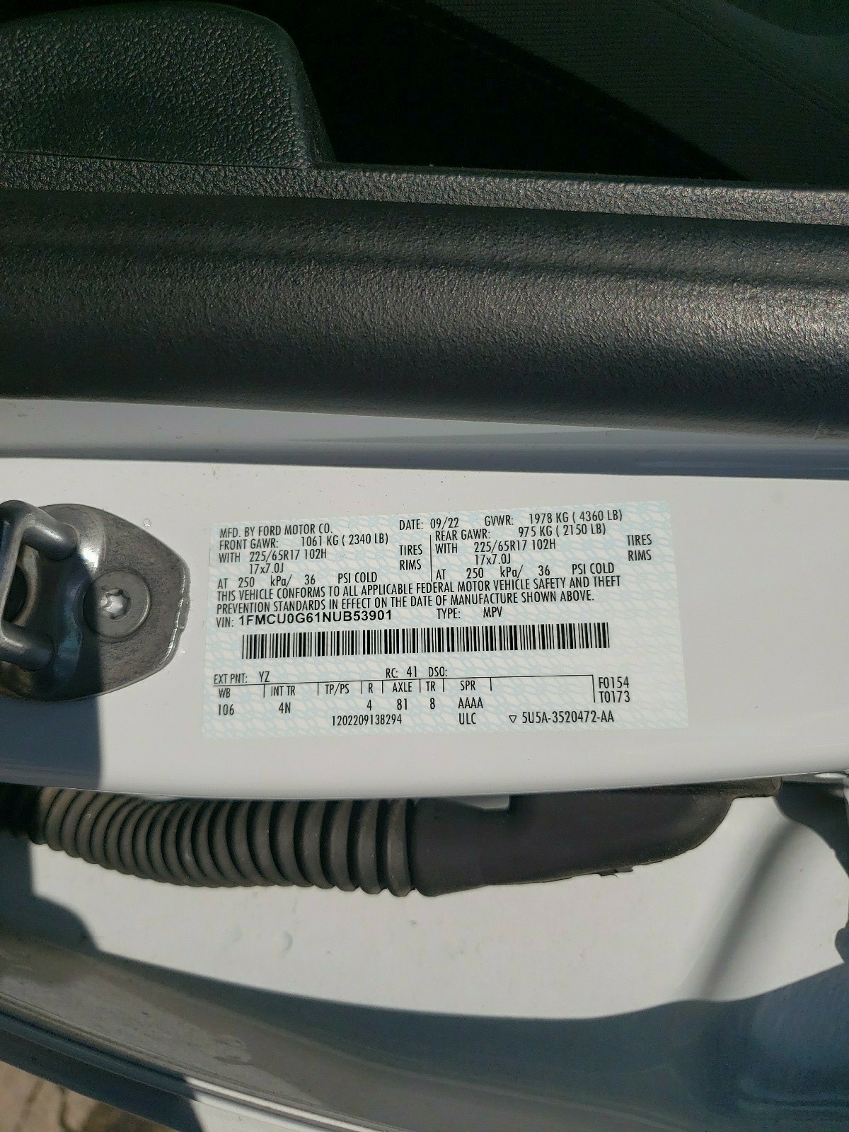 2022 Ford Escape Se vin: 1FMCU0G61NUB53901