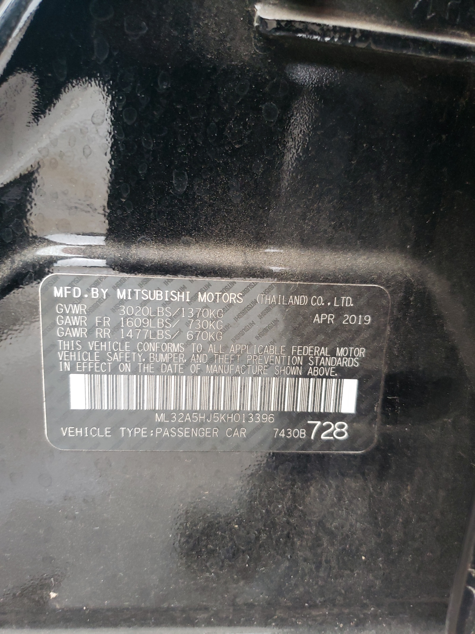 ML32A5HJ5KH013396 2019 Mitsubishi Mirage Le