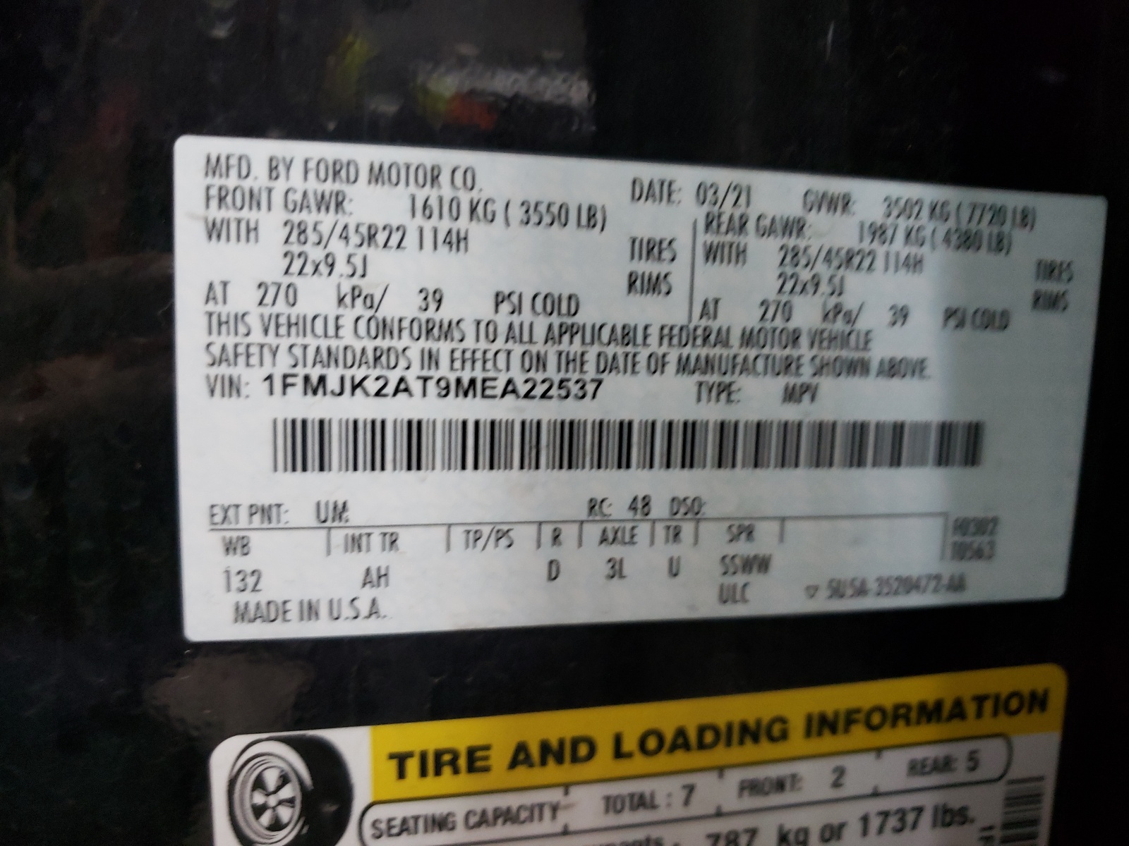 1FMJK2AT9MEA22537 2021 Ford Expedition Max Limited