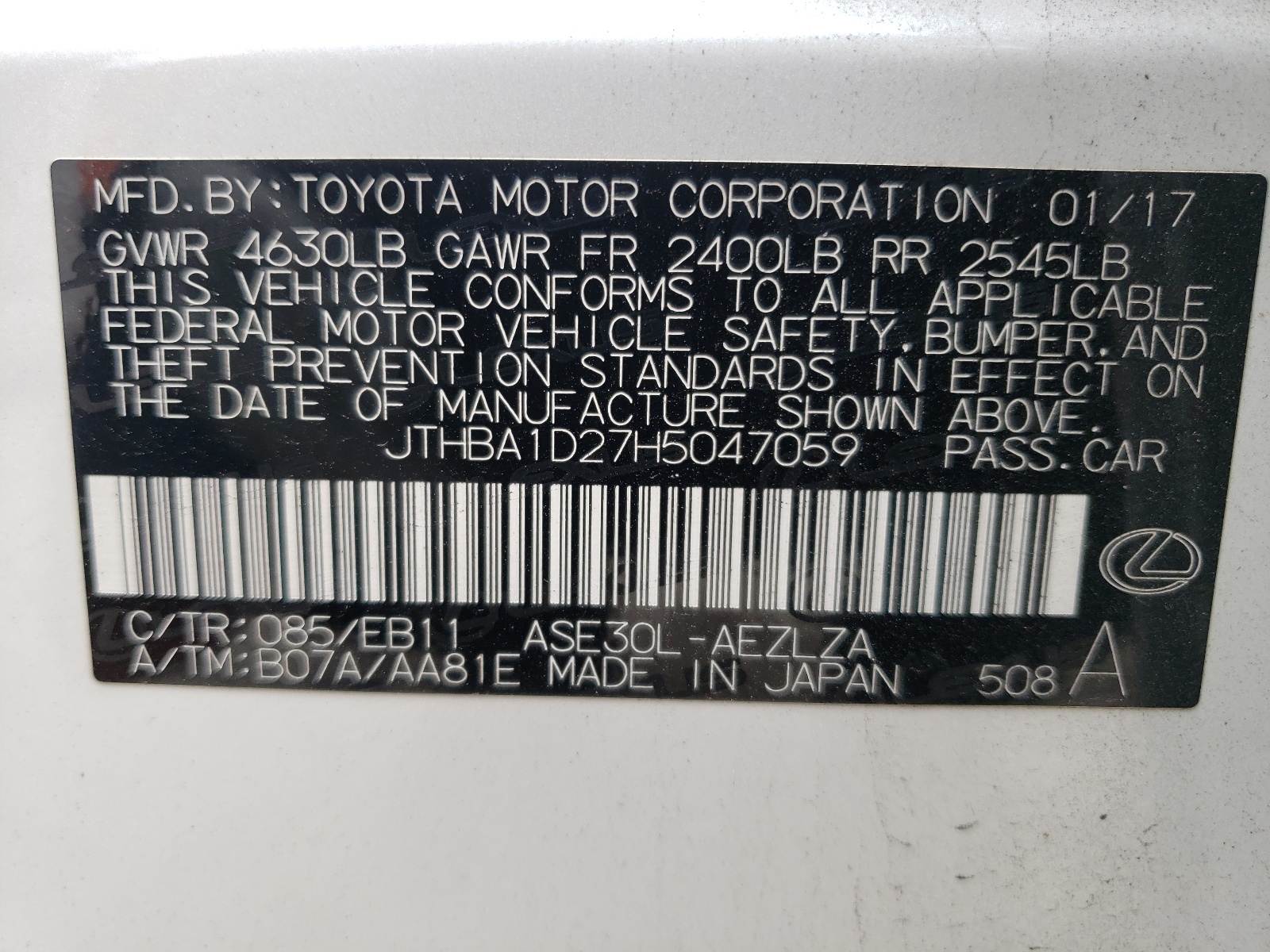 JTHBA1D27H5047059 2017 Lexus Is 200T