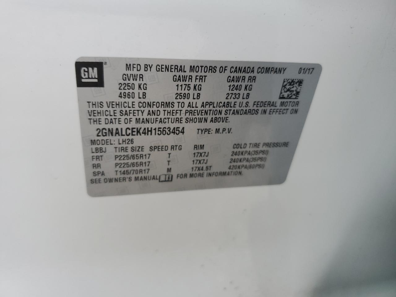 2017 Chevrolet Equinox Lt VIN: 2GNALCEK4H1563454 Lot: 63193954