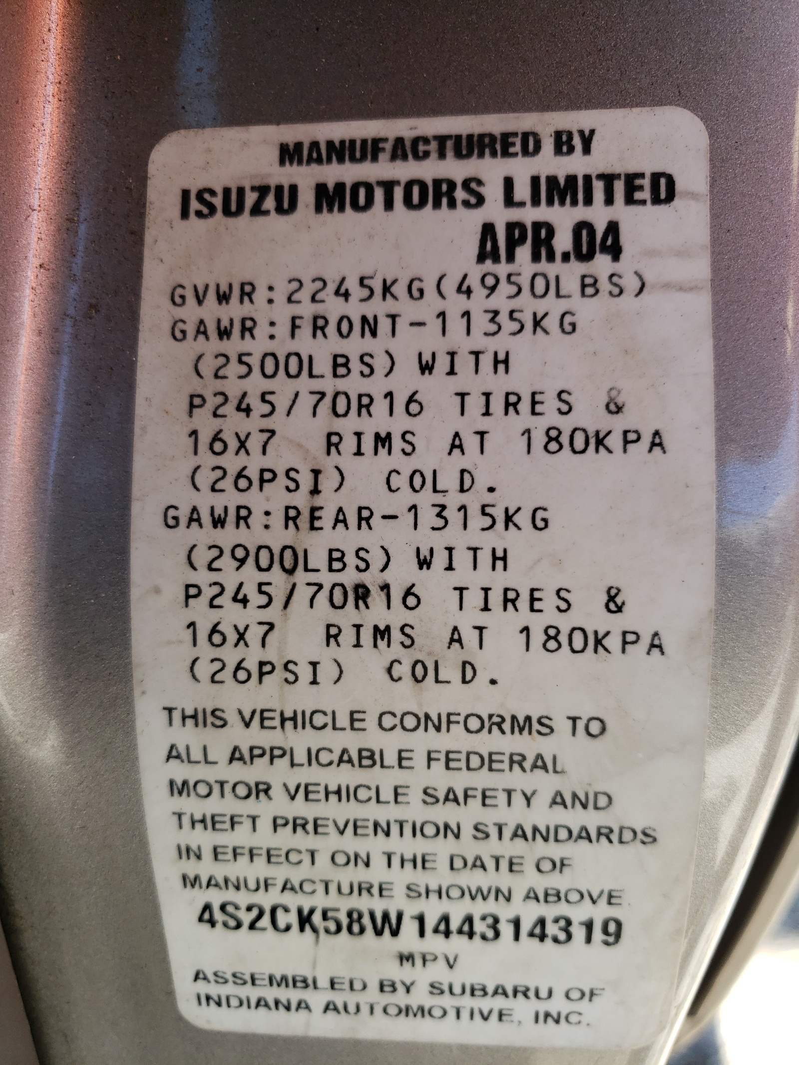 4S2CK58W144314319 2004 Isuzu Rodeo S