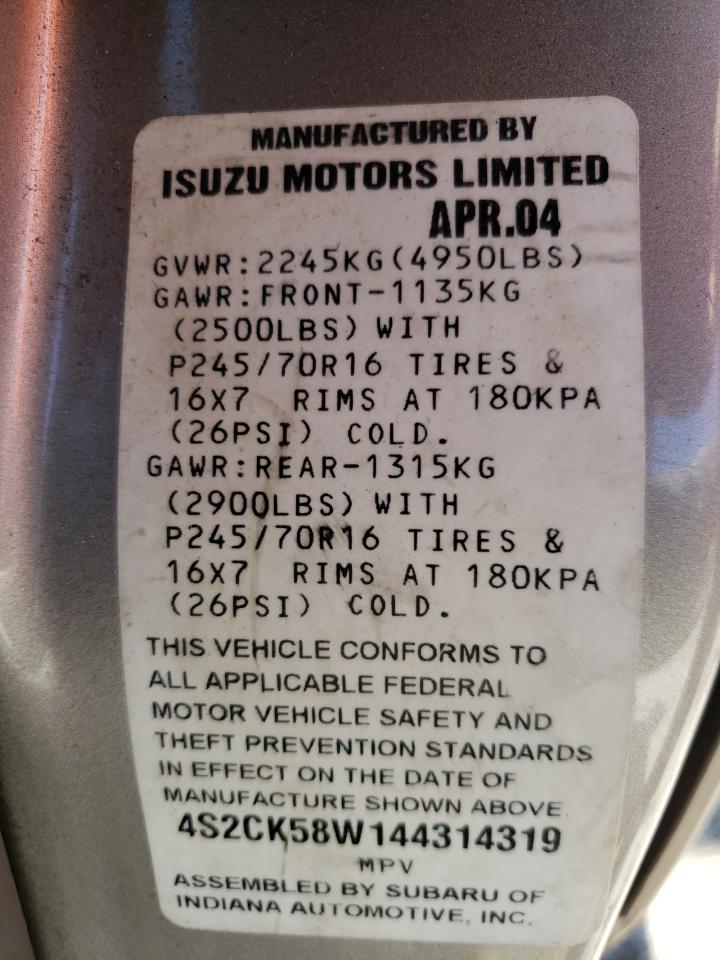 2004 Isuzu Rodeo S VIN: 4S2CK58W144314319 Lot: 61949544