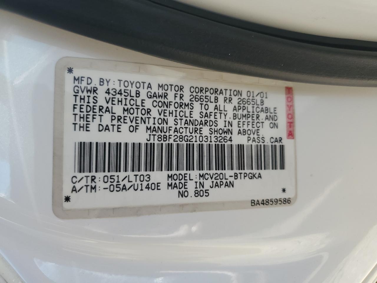 2001 Lexus Es 300 VIN: JT8BF28G210313264 Lot: 66812334