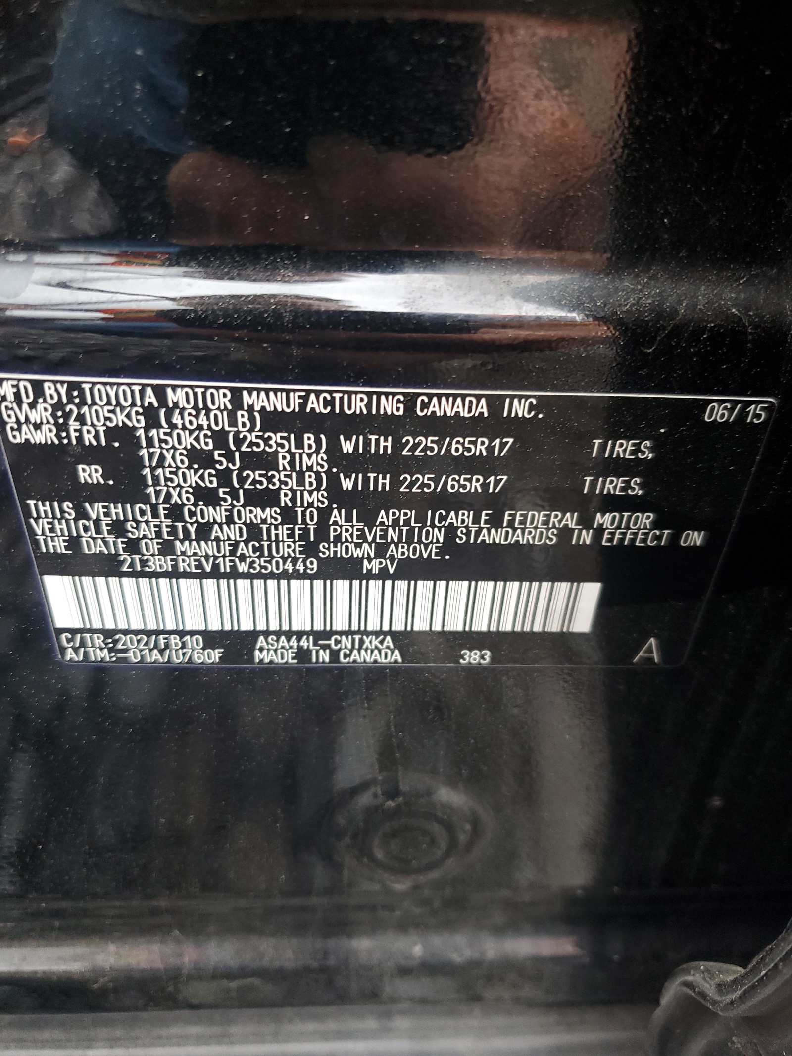 2T3BFREV1FW350449 2015 Toyota Rav4 Le