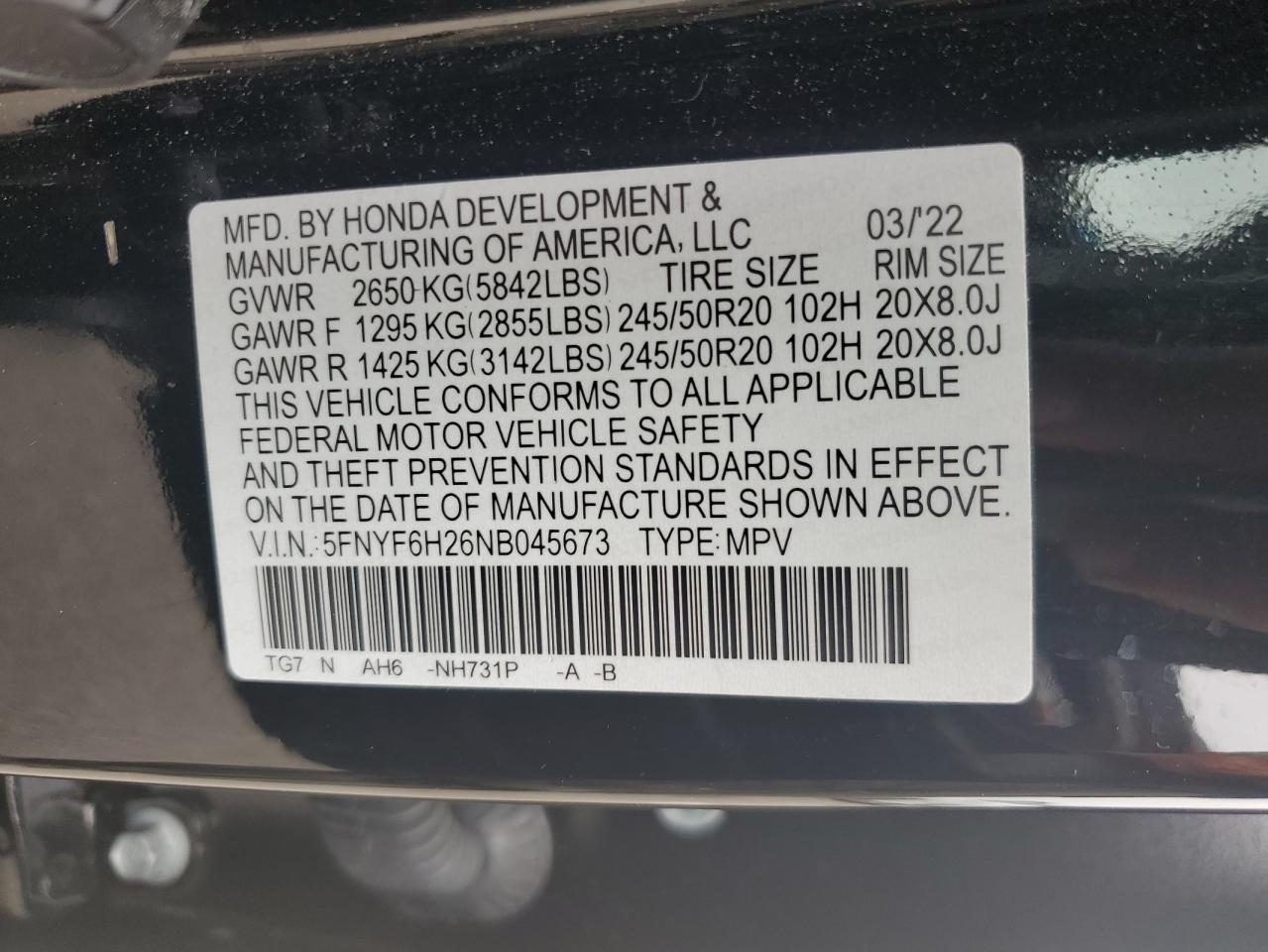 2022 Honda Pilot Se VIN: 5FNYF6H26NB045673 Lot: 64451044