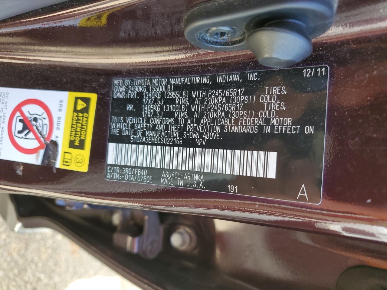 5TDZA3EH6CS022168 2012 Toyota Highlander Base