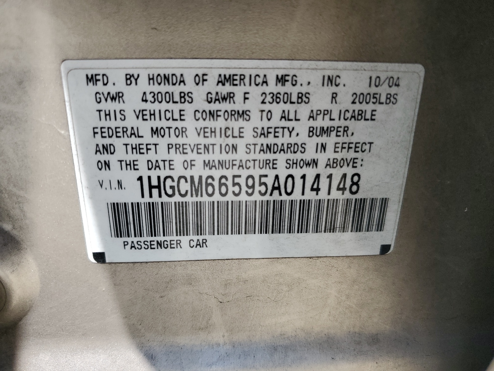 1HGCM66595A014148 2005 Honda Accord Ex