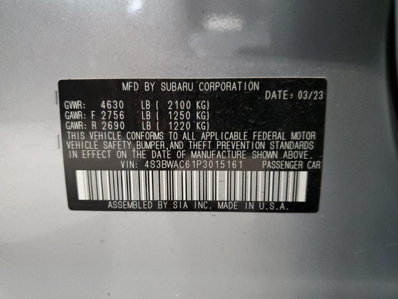 2023 Subaru Legacy Premium VIN: 4S3BWAC61P3015161 Lot: 62307304