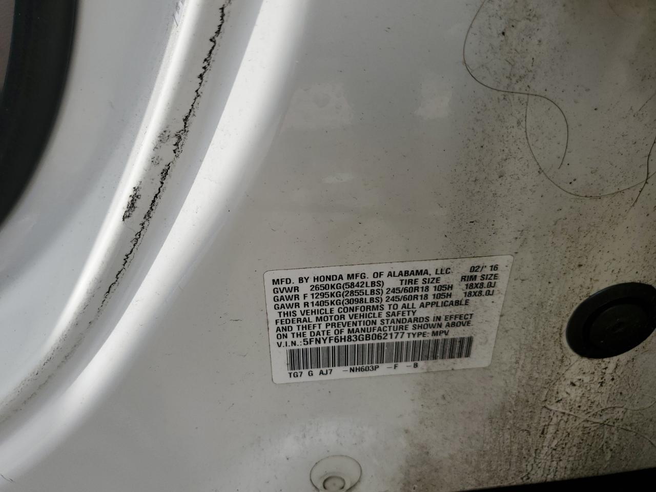 2016 Honda Pilot Exl VIN: 5FNYF6H83GB062177 Lot: 63968394