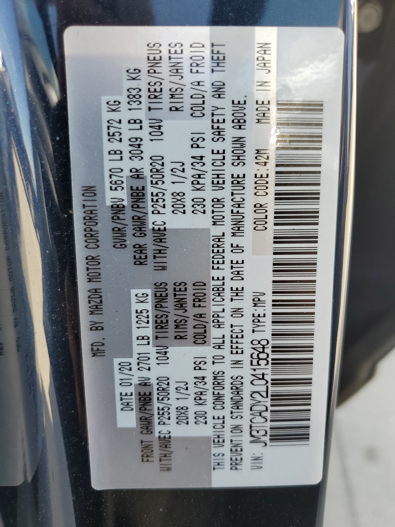 JM3TCADY2L0415648 2020 Mazda Cx-9 Grand Touring