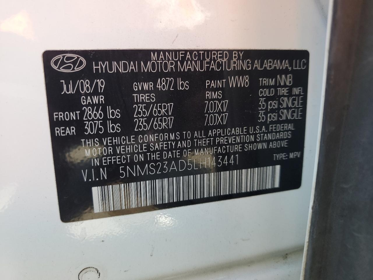 5NMS23AD5LH143441 2020 Hyundai Santa Fe Se