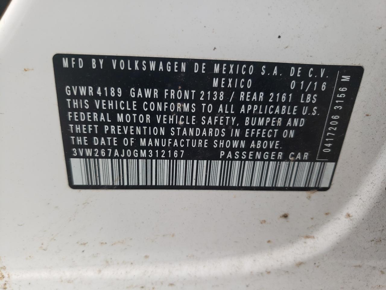 2016 Volkswagen Jetta S VIN: 3VW267AJ0GM312167 Lot: 64396324