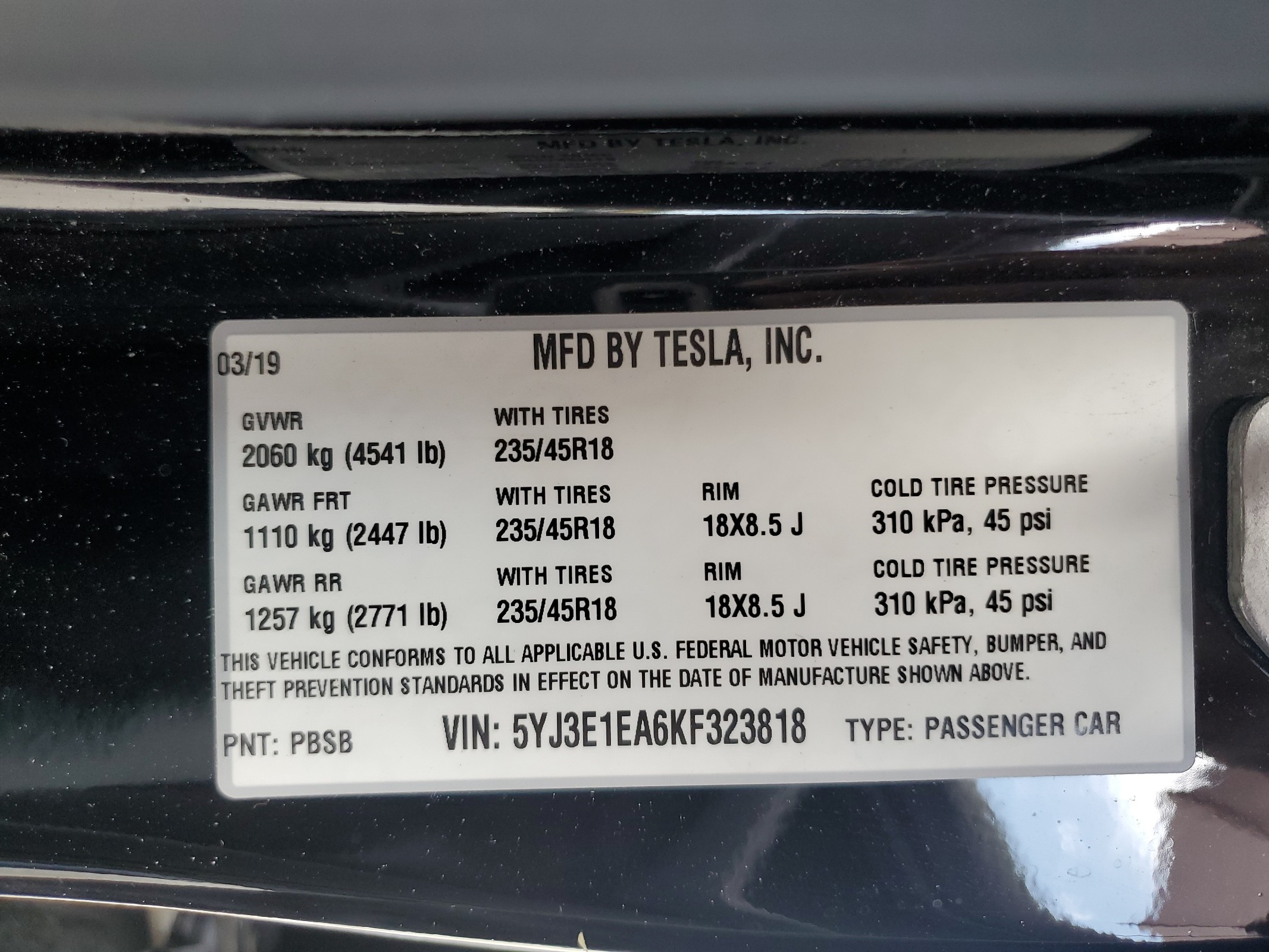 5YJ3E1EA6KF323818 2019 Tesla Model 3