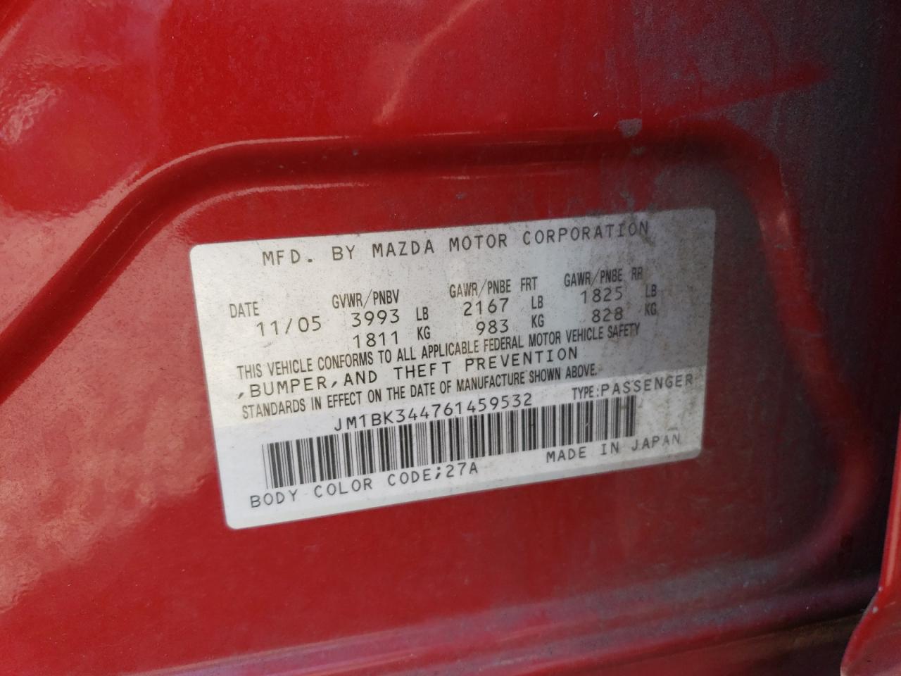 2006 Mazda 3 Hatchback VIN: JM1BK344761459532 Lot: 63935904