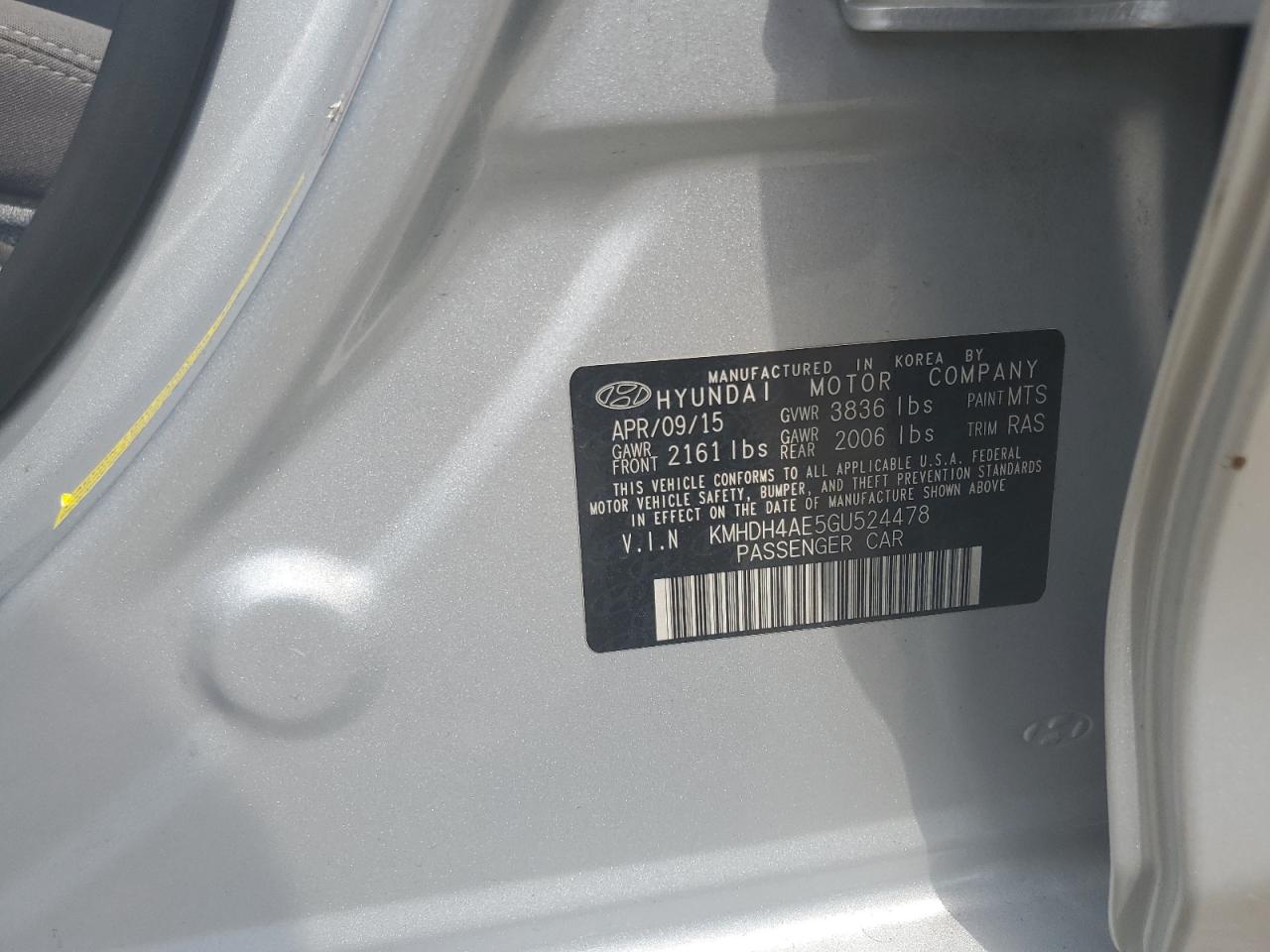 2016 Hyundai Elantra Se VIN: KMHDH4AE5GU524478 Lot: 61534124