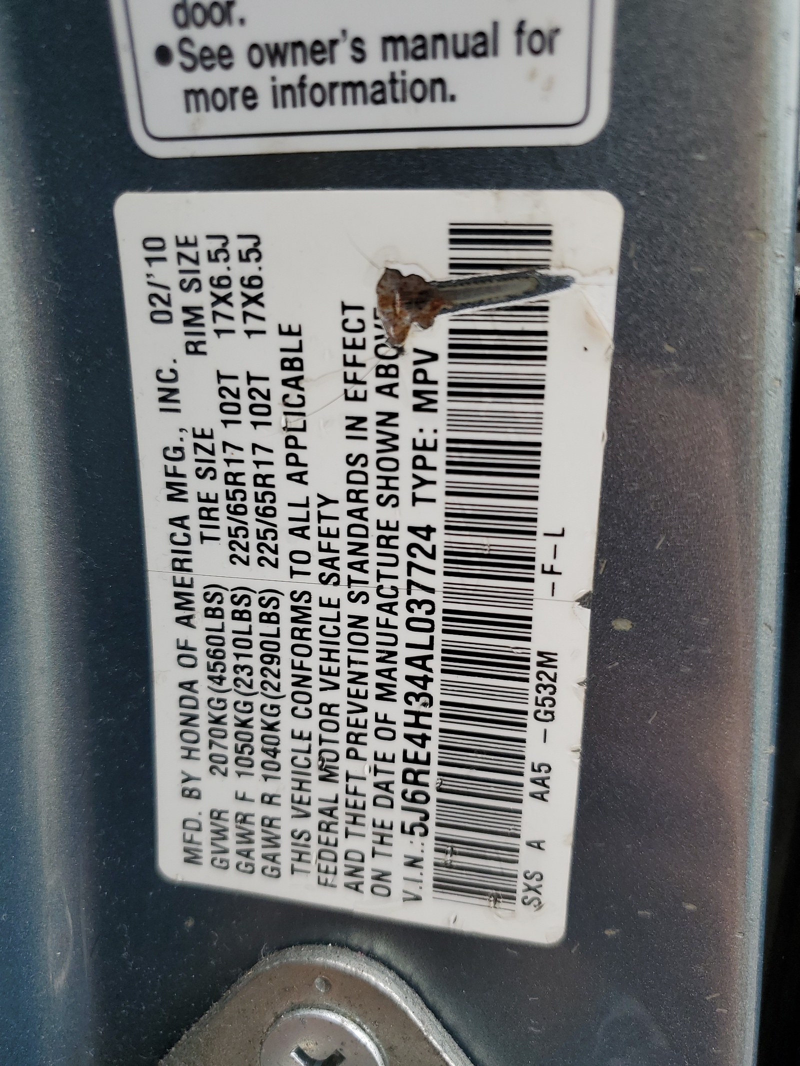 5J6RE4H34AL037724 2010 Honda Cr-V Lx