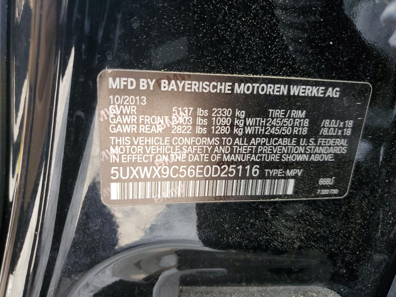 2014 BMW X3 xDrive28I VIN: 5UXWX9C56E0D25116 Lot: 64371494