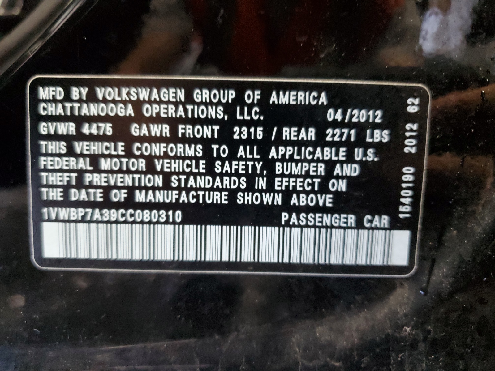 1VWBP7A39CC080310 2012 Volkswagen Passat Se