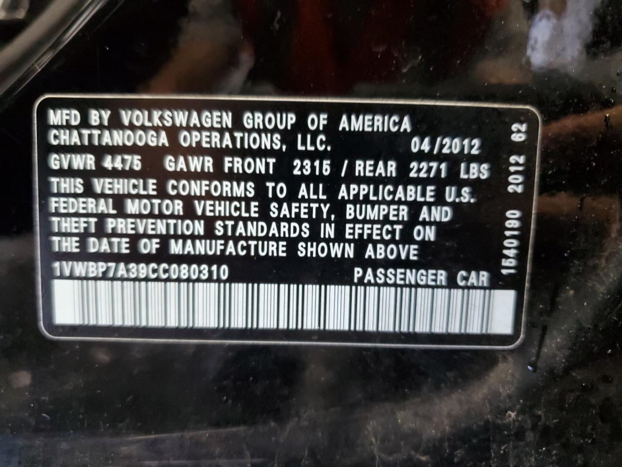 2012 Volkswagen Passat Se VIN: 1VWBP7A39CC080310 Lot: 63981514