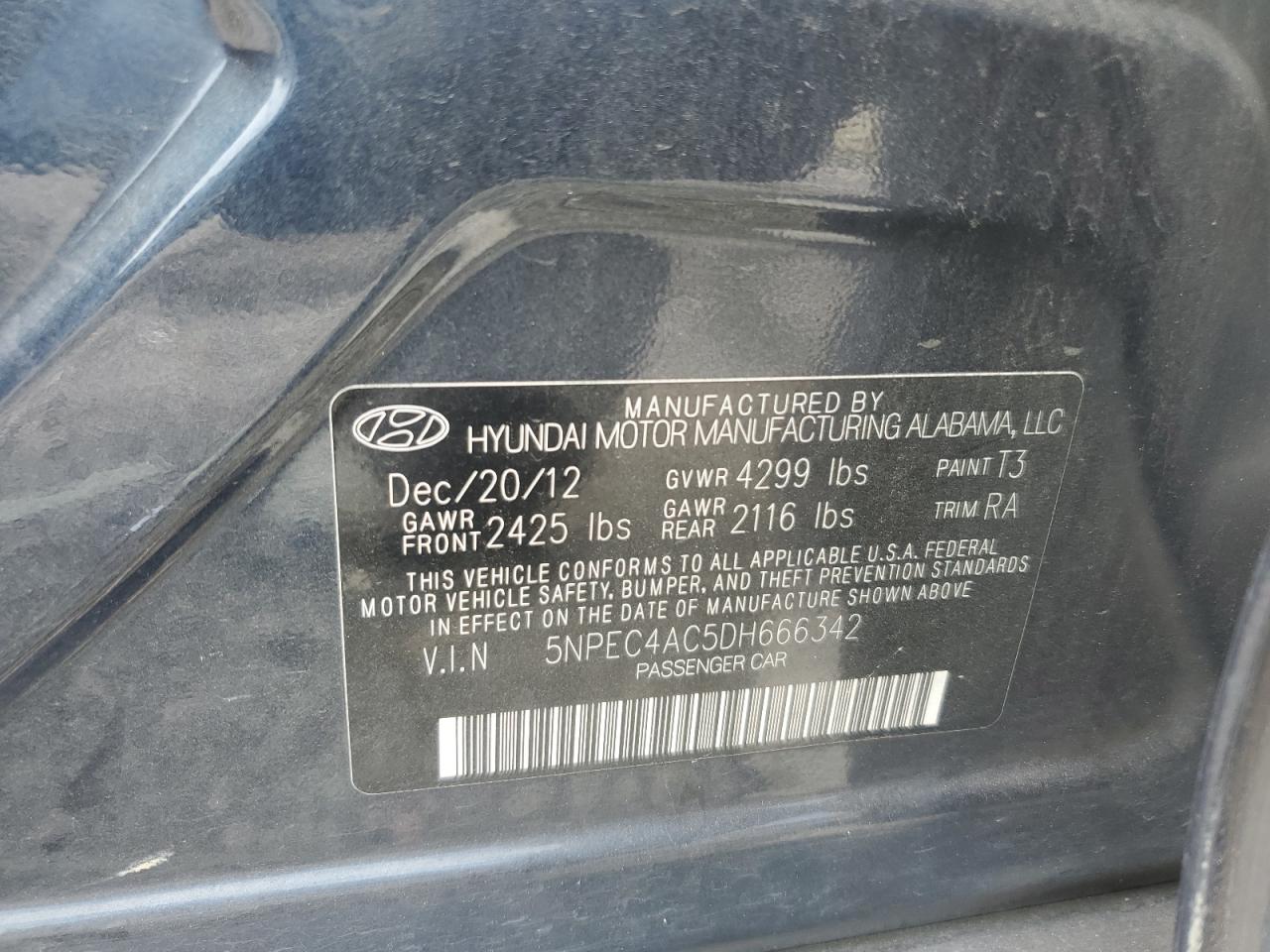 2013 Hyundai Sonata Se VIN: 5NPEC4AC5DH666342 Lot: 63443514