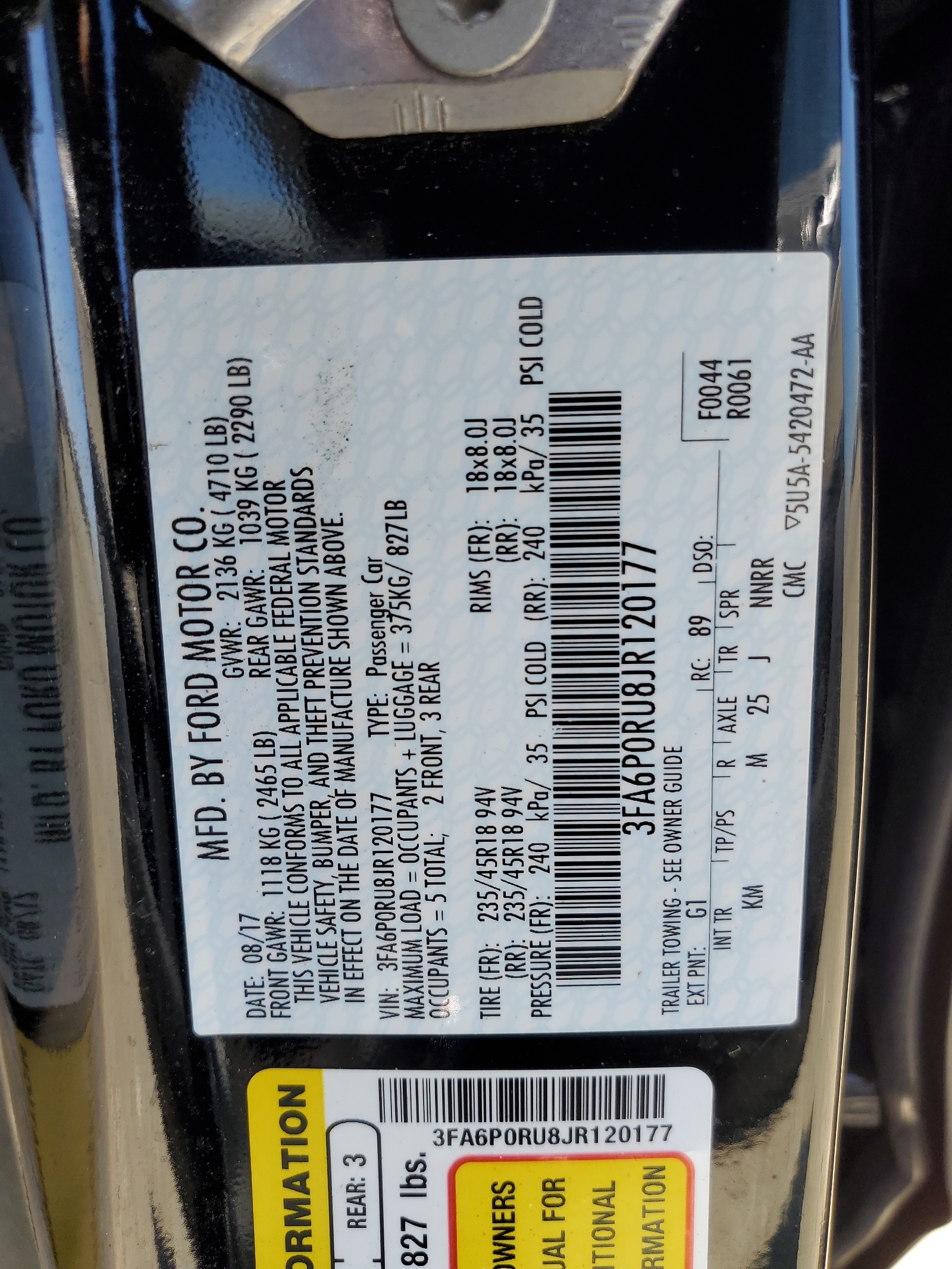 3FA6P0RU8JR120177 2018 Ford Fusion Titanium/Platinum Hev