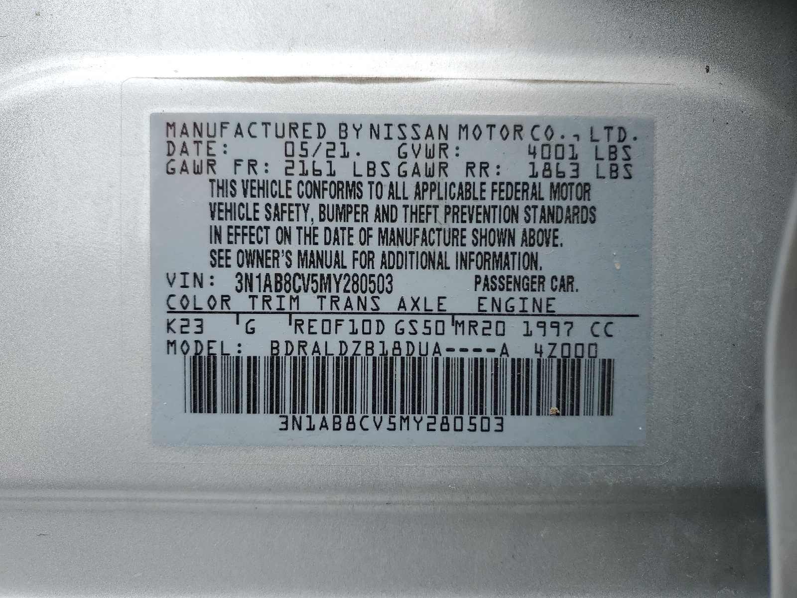 3N1AB8CV5MY280503 2021 Nissan Sentra Sv