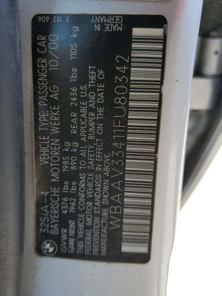 2001 BMW 325 I VIN: WBAAV33411FU80342 Lot: 63105974