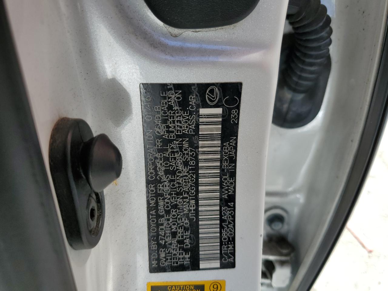 2016 Lexus Es 300H VIN: JTHBW1GG7G2118737 Lot: 63853694