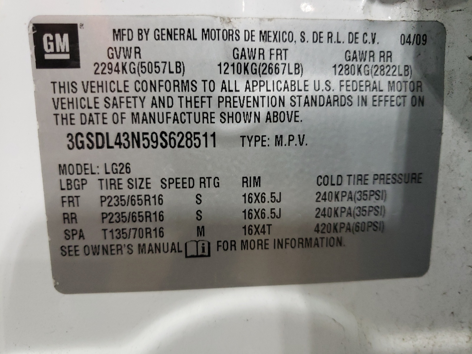 3GSDL43N59S628511 2009 Saturn Vue Xe