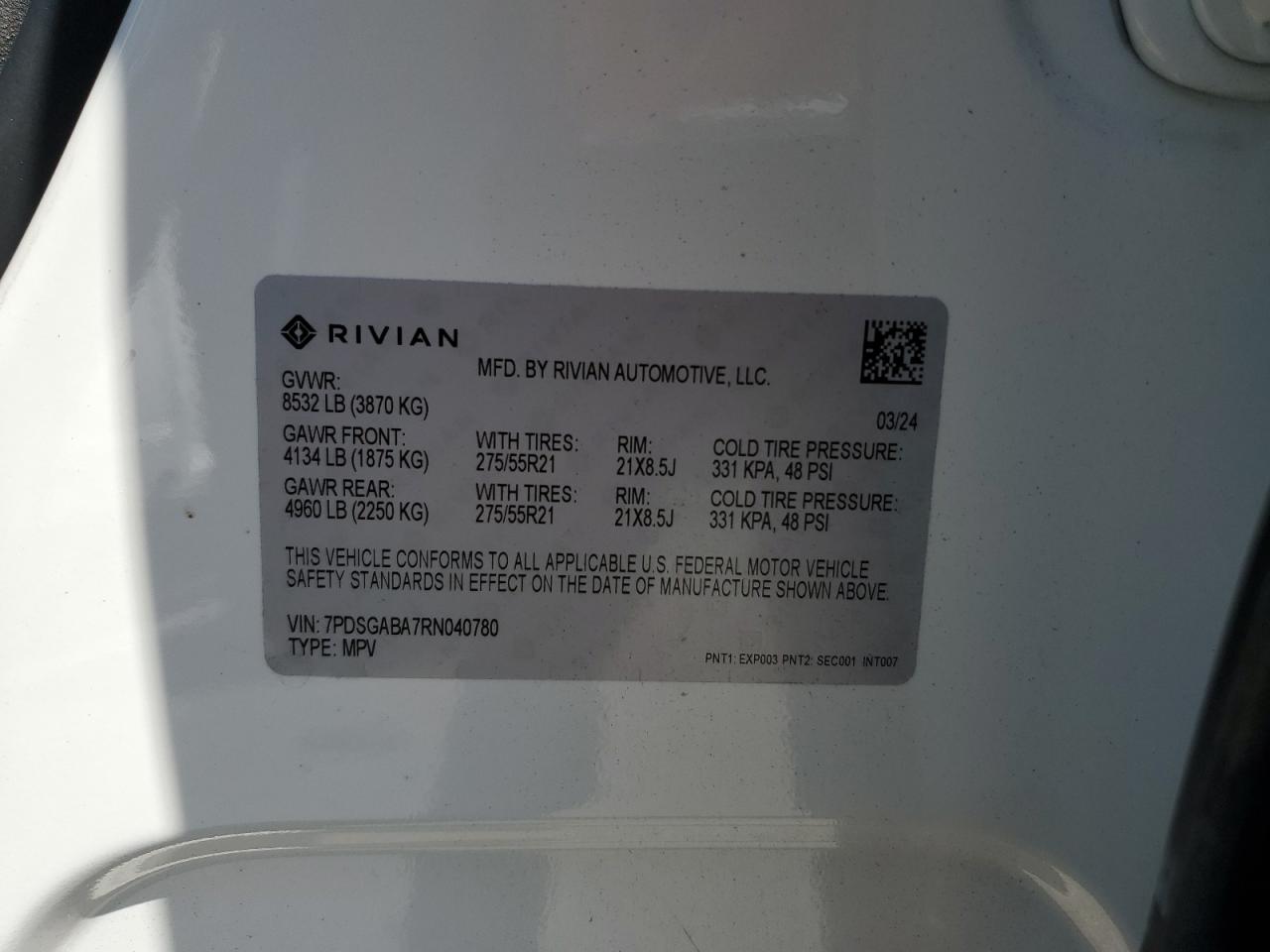 2024 Rivian R1S Adventure VIN: 7PDSGABA7RN040780 Lot: 63705184