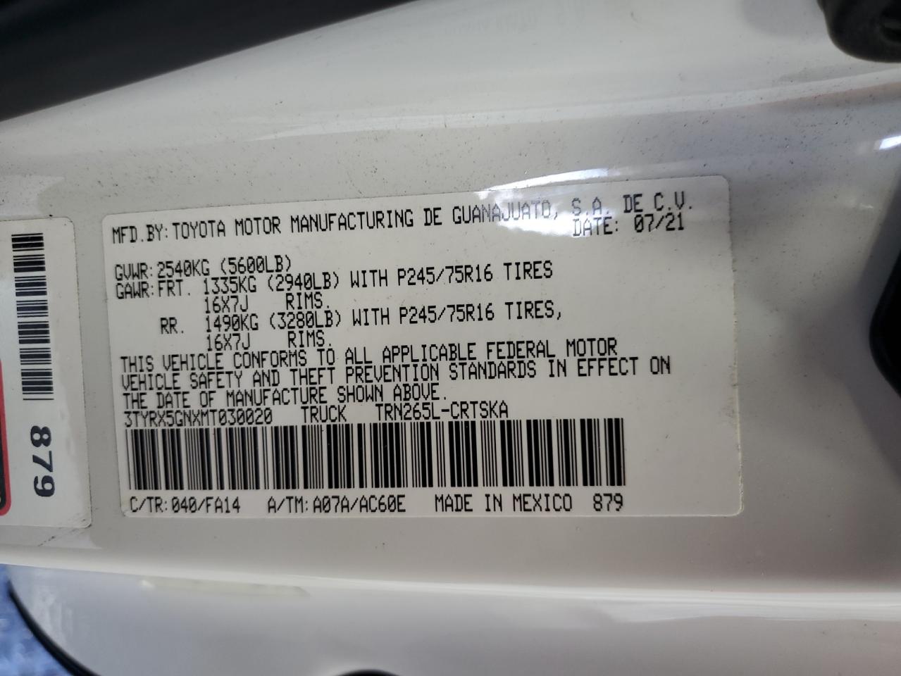 2021 Toyota Tacoma Access Cab VIN: 3TYRX5GNXMT030020 Lot: 63399594
