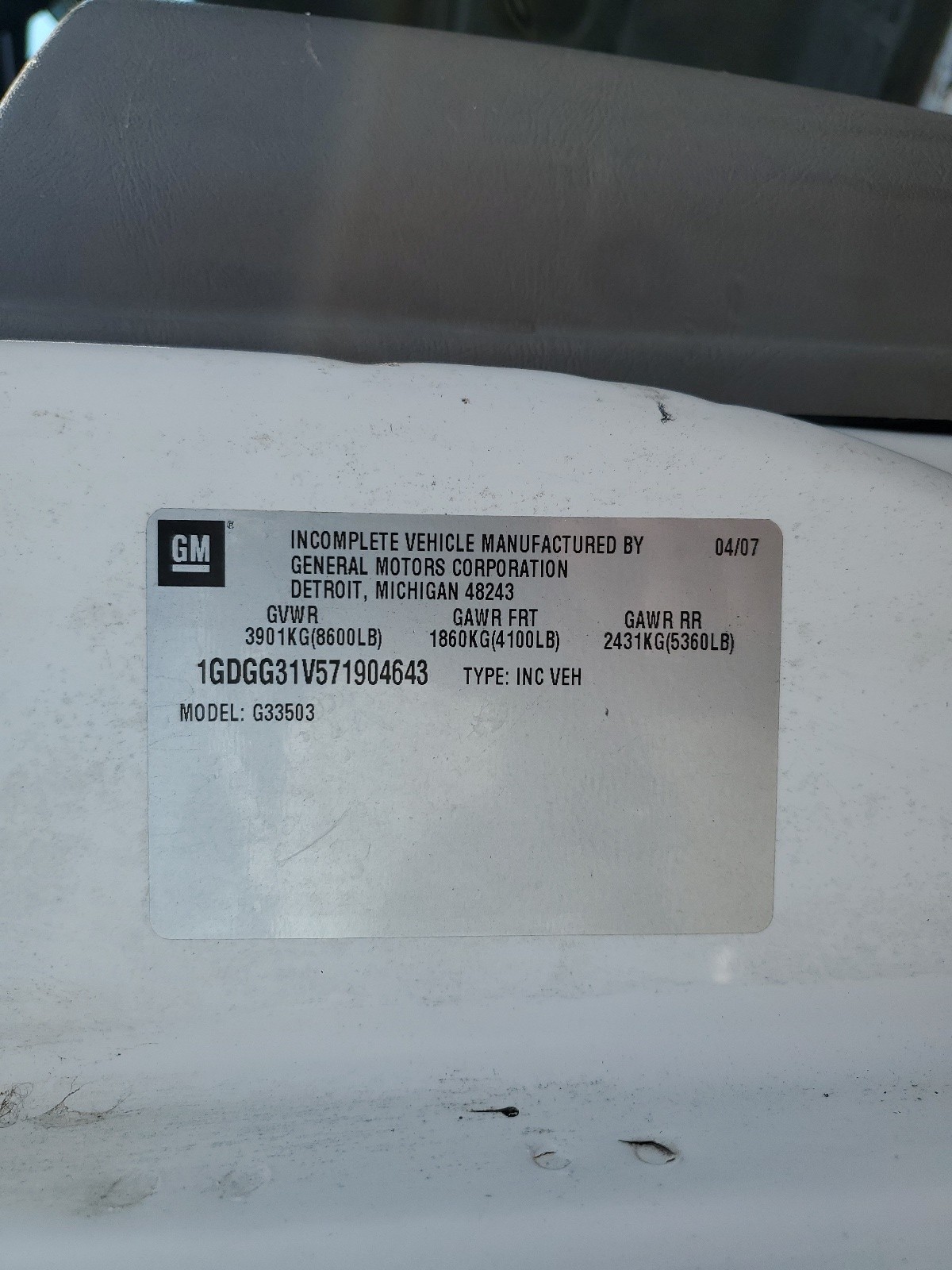 1GDGG31V571904643 2007 GMC Savana Cutaway G3500