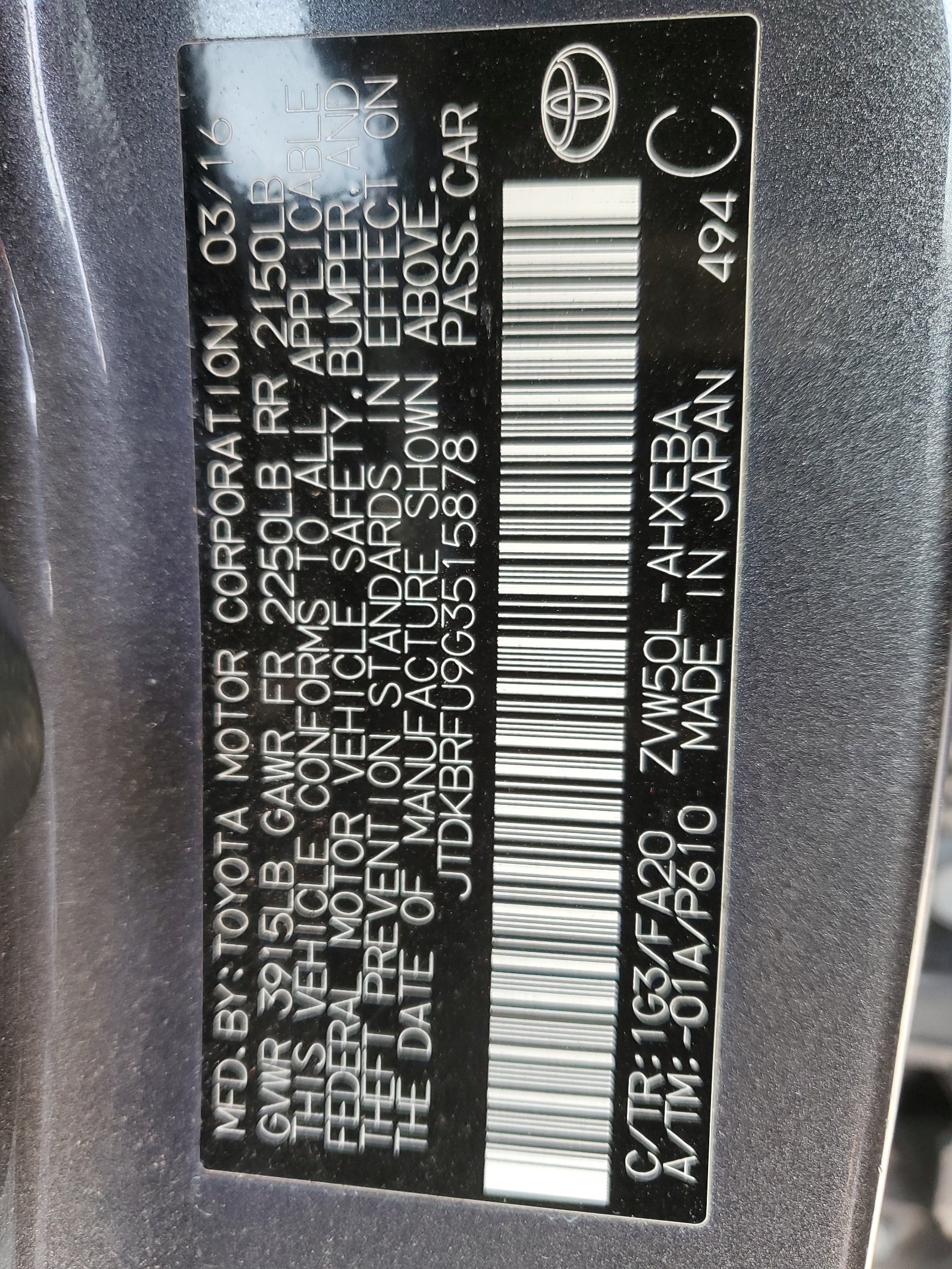 JTDKBRFU9G3515878 2016 Toyota Prius