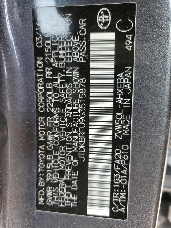 2016 Toyota Prius VIN: JTDKBRFU9G3515878 Lot: 63877564