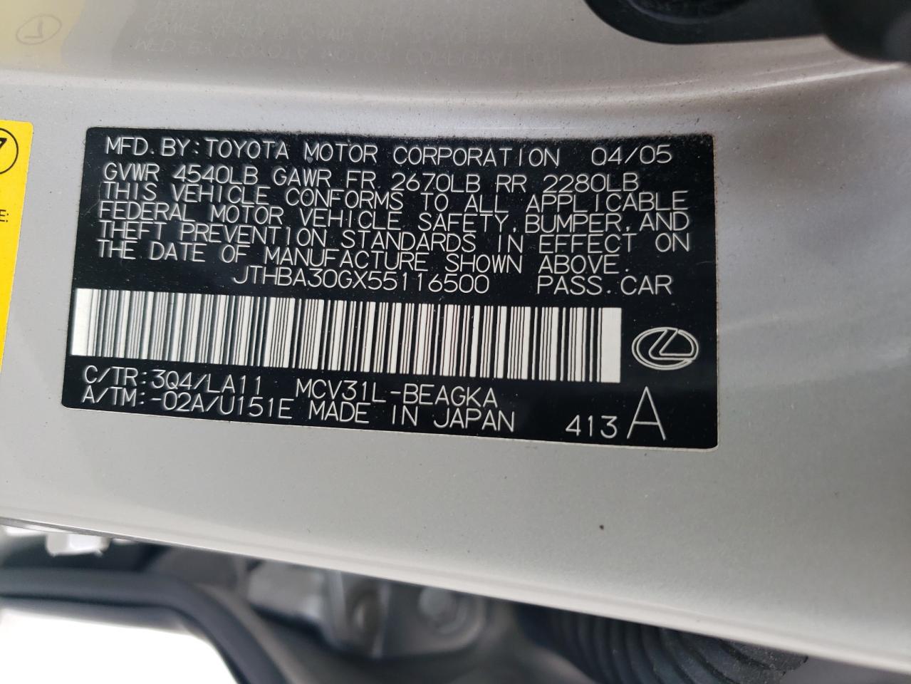 2005 Lexus Es 330 VIN: JTHBA30GX55116500 Lot: 62688114