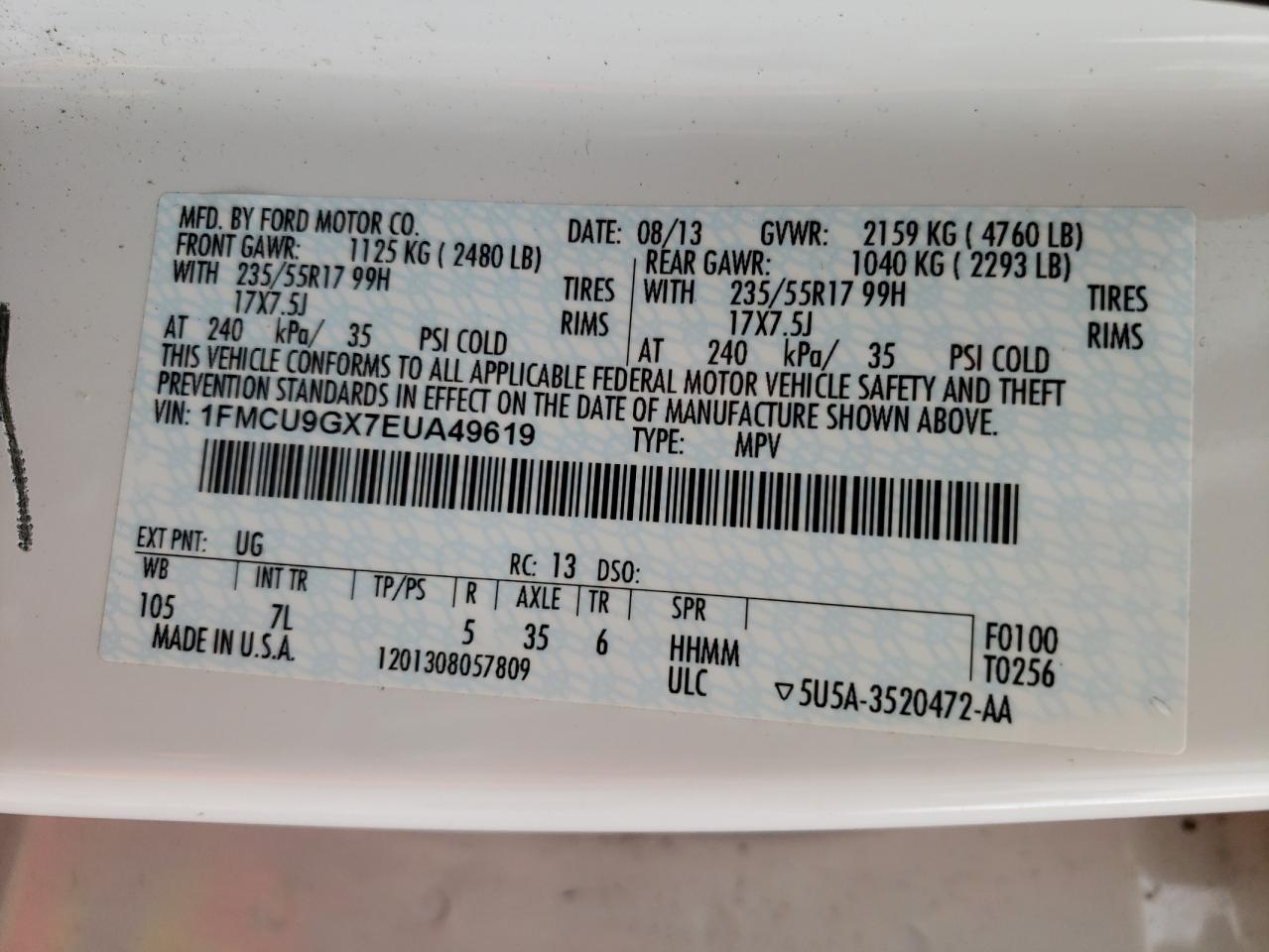 2014 Ford Escape Se VIN: 1FMCU9GX7EUA49619 Lot: 64857454