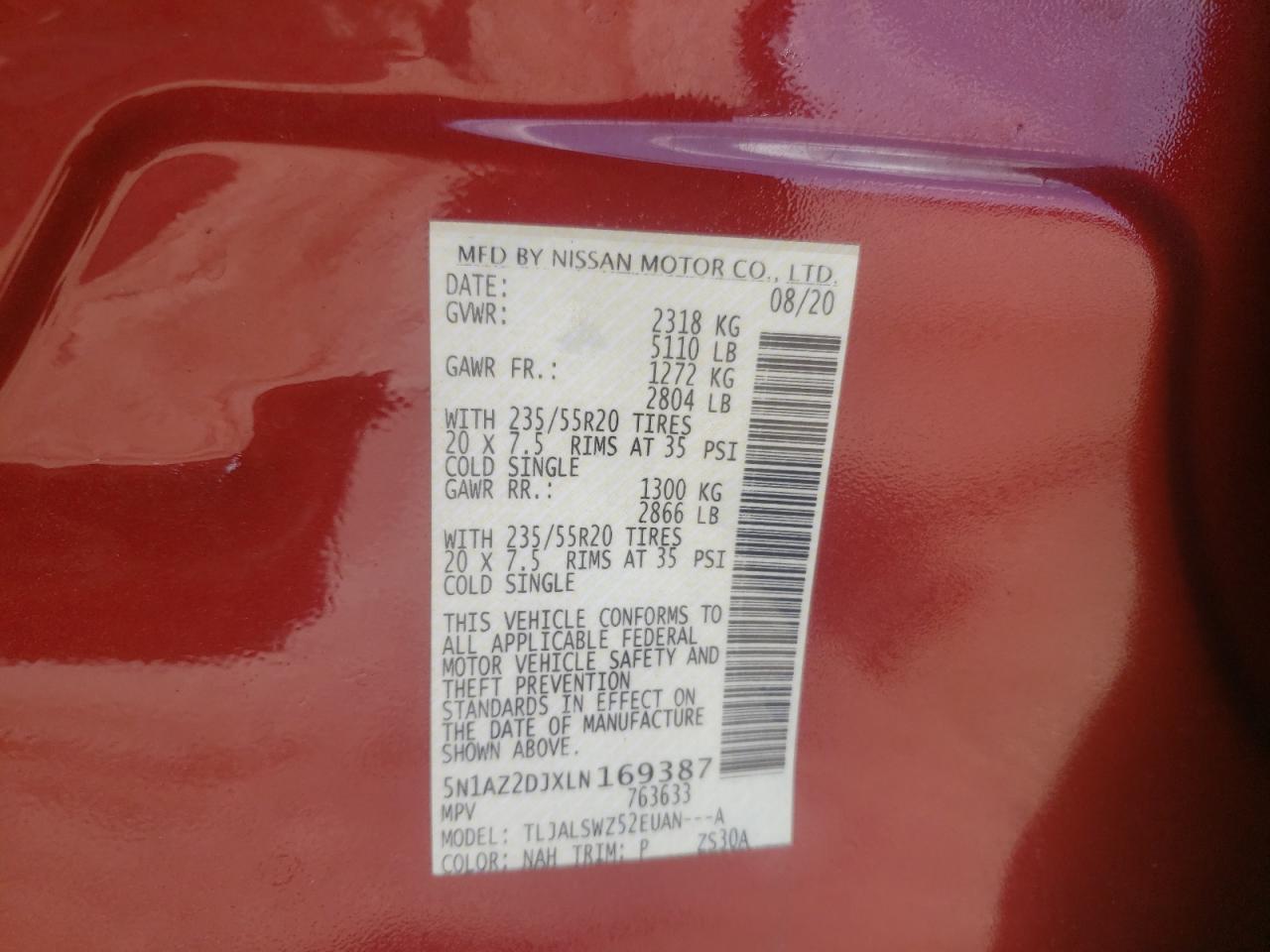 2020 Nissan Murano Platinum VIN: 5N1AZ2DJXLN169387 Lot: 61800734