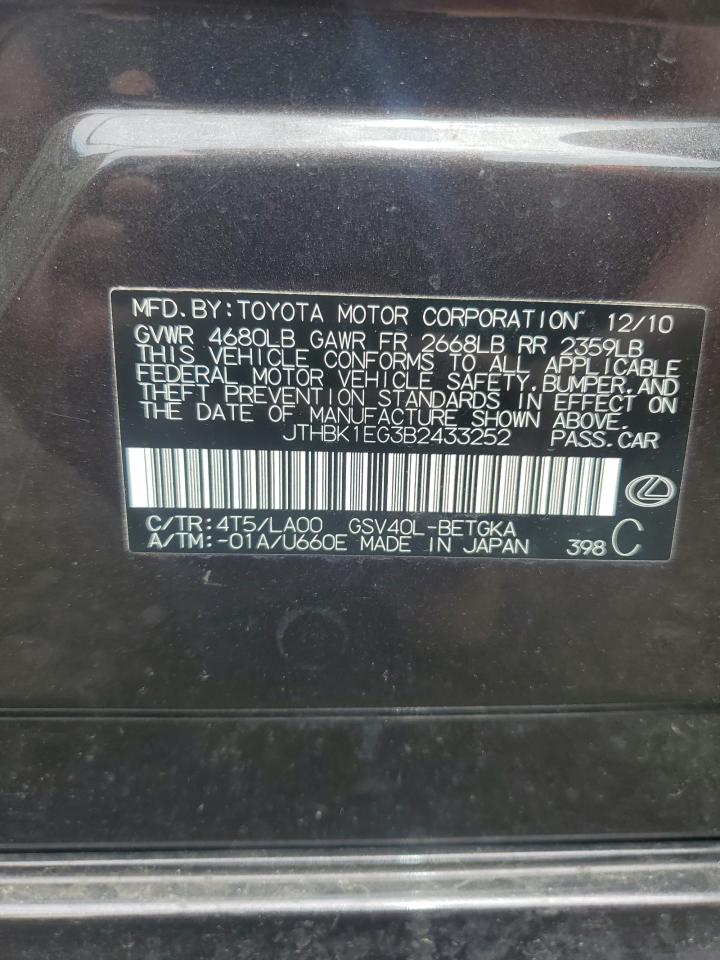 2011 Lexus Es 350 VIN: JTHBK1EG3B2433252 Lot: 61645804