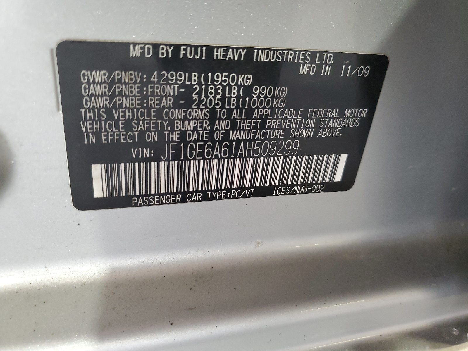 JF1GE6A61AH509299 2010 Subaru Impreza 2.5I