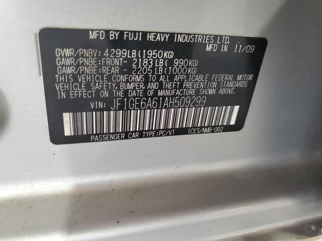 2010 Subaru Impreza 2.5I VIN: JF1GE6A61AH509299 Lot: 62247124