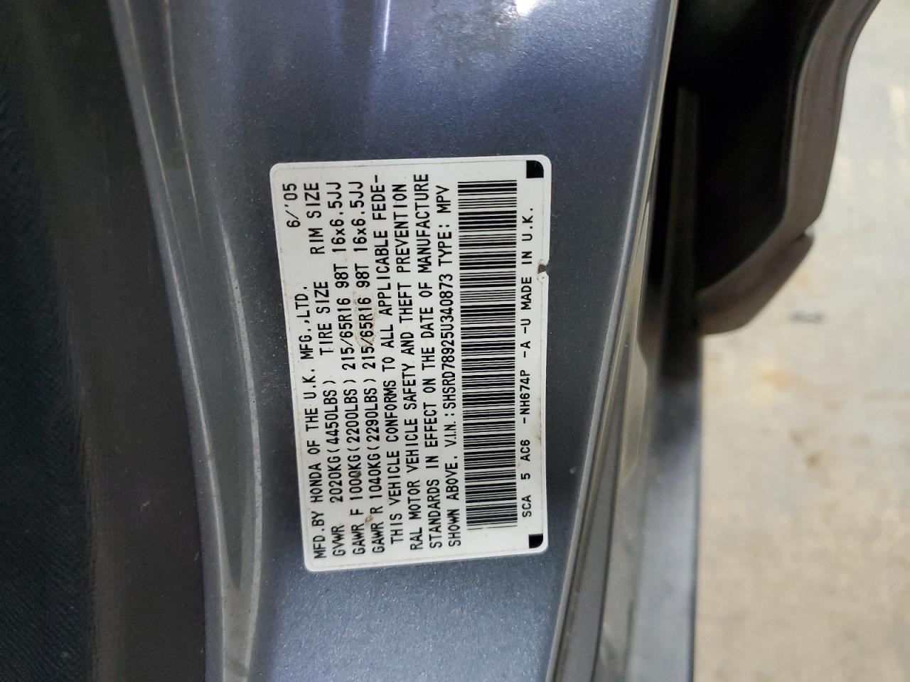 2005 Honda Cr-V Se VIN: SHSRD78925U340873 Lot: 62139764